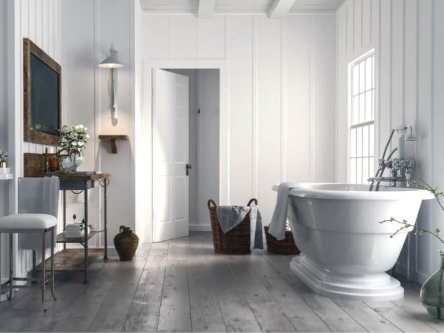 Clean Bathroom Painted White with White Floorboards and Plant